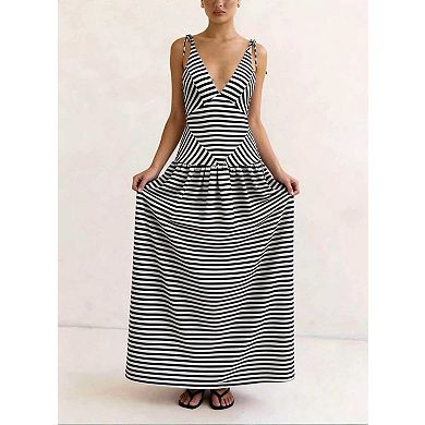 Women's V-Neck Striped Maxi Dress Tie-Strap Sleeveless Long Dress