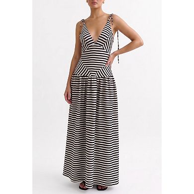 Women's V-Neck Striped Maxi Dress Tie-Strap Sleeveless Long Dress