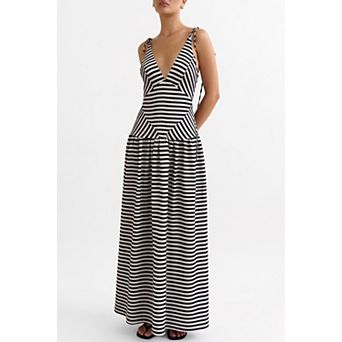Women's V-Neck Striped Maxi Dress Tie-Strap Sleeveless Long Dress