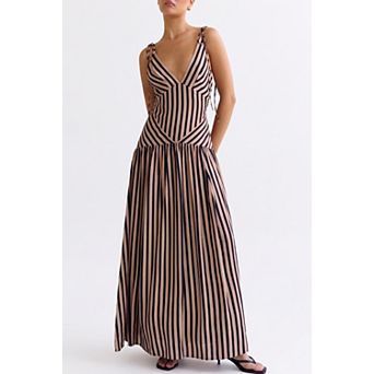 Women's V-Neck Striped Maxi Dress Tie-Strap Sleeveless Long Dress