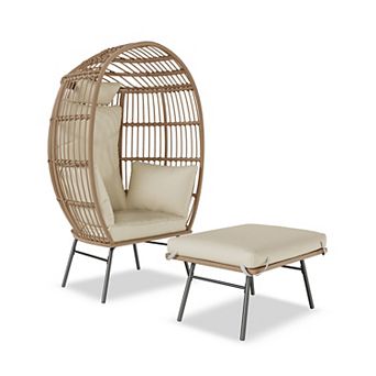Oversized Wicker Egg Chair with Ottoman Comfy Rattan Teardrop Lounge Chair Thick Cushion