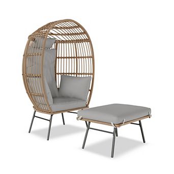 Oversized Wicker Egg Chair with Ottoman Comfy Rattan Teardrop Lounge Chair Thick Cushion