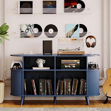 Fluted Mid Century Modern Turntable Cabinet with Vinyl Storage, Large Round Record Player Stand