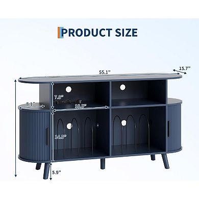 Fluted Mid Century Modern Turntable Cabinet with Vinyl Storage, Large Round Record Player Stand
