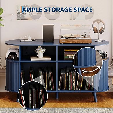 Fluted Mid Century Modern Turntable Cabinet with Vinyl Storage, Large Round Record Player Stand