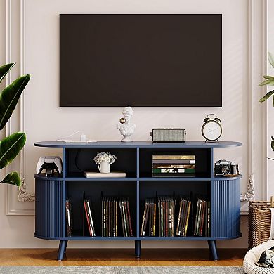 Fluted Mid Century Modern Turntable Cabinet with Vinyl Storage, Large Round Record Player Stand