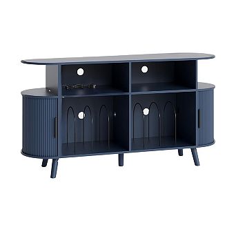 Fluted Mid Century Modern Turntable Cabinet with Vinyl Storage, Large Round Record Player Stand