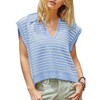 Striped v Neck Sleeveless Sweaters For Women Pullover Tank Tops Casual Cap Sleeve Loose Knit Vest