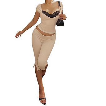 Women's 2 Piec Outfit Sweetheart Cap Sleeve Crop Top Low Rise Split Pants Matching Outfit Set