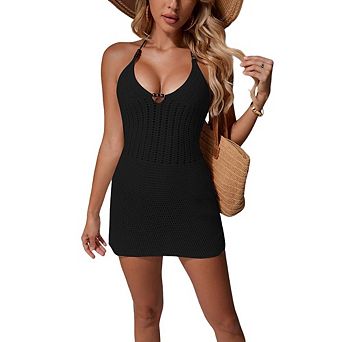 Women's Beaded Halter Crochet Swim Cover Up Mini Dress Hollow Open Knit V Neck Bodycon
