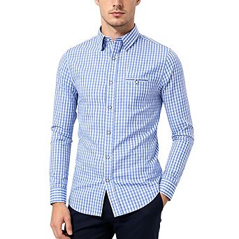 Men's Long Sleeve Gingham Check Button Down Shirt Slim Casual Cotton Shirt with Decor Chest Pocket
