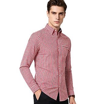 Men's Long Sleeve Gingham Check Button Down Shirt Slim Casual Cotton Shirt with Decor Chest Pocket