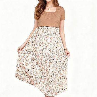 Women's Maternity Square Neck Short Sleeve Two Piece Midi Dress Ribbed Top Floral A Line Skirt