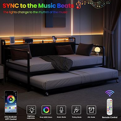 Bed Frame with LED Lights Charging Station, Metal Bed Frame with Upholstered Storage Headboard
