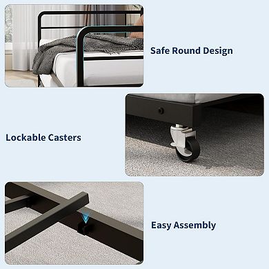 Bed Frame with LED Lights Charging Station, Metal Bed Frame with Upholstered Storage Headboard