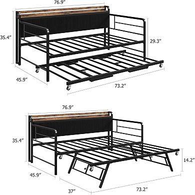 Bed Frame with LED Lights Charging Station, Metal Bed Frame with Upholstered Storage Headboard