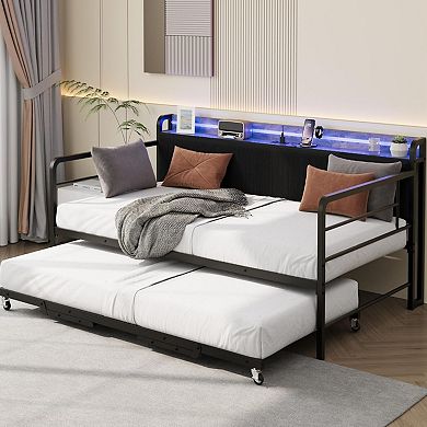 Bed Frame with LED Lights Charging Station, Metal Bed Frame with Upholstered Storage Headboard