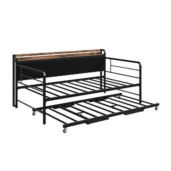 Bed Frame with LED Lights Charging Station, Metal Bed Frame with Upholstered Storage Headboard