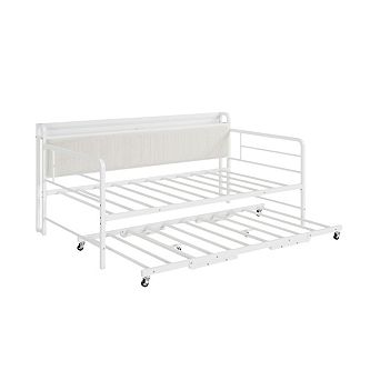 Bed Frame with LED Lights Charging Station, Metal Bed Frame with Upholstered Storage Headboard
