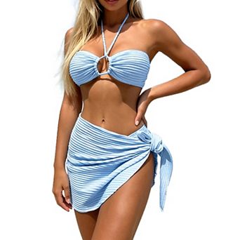 Women 3 pc Halter Ring Cutout Bikini Set Ribbed High Cut Swimsuit With Wrap Cover Up Skirt