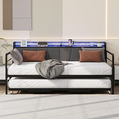 Twin Daybed Frame with Trundle, Sturdy Metal Construction Featuring LED Light, Upholstered Headboard