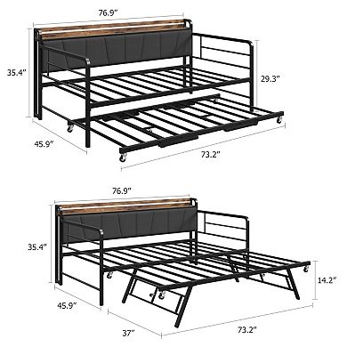 Twin Daybed Frame with Trundle, Sturdy Metal Construction Featuring LED Light, Upholstered Headboard