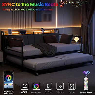 Twin Daybed Frame with Trundle, Sturdy Metal Construction Featuring LED Light, Upholstered Headboard