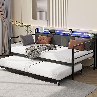 Twin Daybed Frame with Trundle, Sturdy Metal Construction Featuring LED Light, Upholstered Headboard