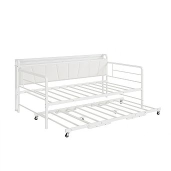 Twin Daybed Frame with Trundle, Sturdy Metal Construction Featuring LED Light, Upholstered Headboard