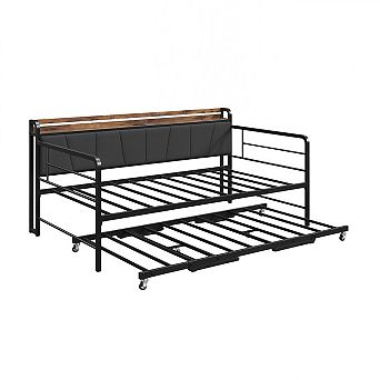 Twin Daybed Frame with Trundle, Sturdy Metal Construction Featuring LED Light, Upholstered Headboard