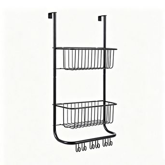 2 tier Hanging Storage Caddy for Dorm Bathroom, Over the Door Metal Organizer with 6 Hooks