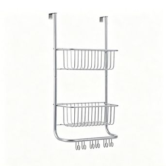 2 tier Hanging Storage Caddy for Dorm Bathroom, Over the Door Metal Organizer with 6 Hooks
