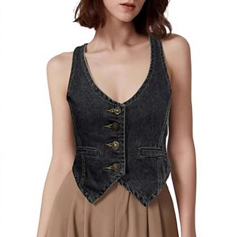 Women's Sleeveless Denim Vest, U Neck Cropped Button Front Fitted Waistcoat With Fake Pockets