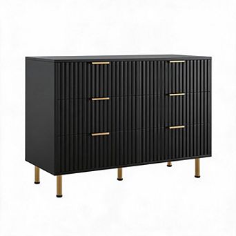 Fluted 6 Drawer Dresser for Bedroom, 54 Inch Modern Wooden Chest of Drawers with Metal Legs