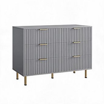 Fluted 6 Drawer Dresser for Bedroom, 54 Inch Modern Wooden Chest of Drawers with Metal Legs