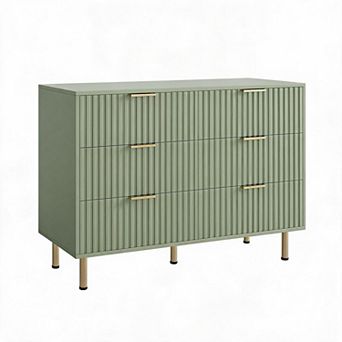 Fluted 6 Drawer Dresser for Bedroom, 54 Inch Modern Wooden Chest of Drawers with Metal Legs