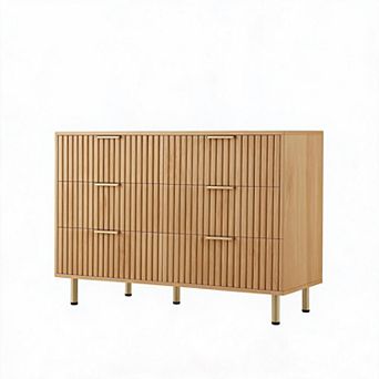 Fluted 6 Drawer Dresser for Bedroom, 54 Inch Modern Wooden Chest of Drawers with Metal Legs