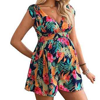 Women's Floral Maternity Mini Romper V Neck Tie Shoulder Smocked Waist Short Jumpsuit Dress