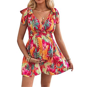 Women's Floral Maternity Mini Romper V Neck Tie Shoulder Smocked Waist Short Jumpsuit Dress