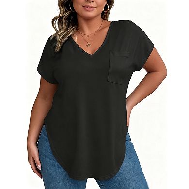 Plus Size V Neck Short Sleeve Tee, Loose Curved Hem Casual Top With Chest Patch Pocket