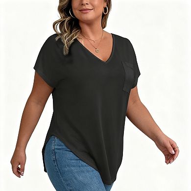 Plus Size V Neck Short Sleeve Tee, Loose Curved Hem Casual Top With Chest Patch Pocket