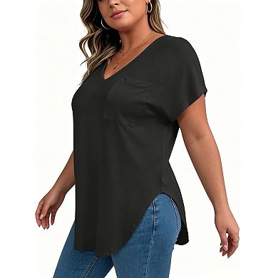 Plus Size V Neck Short Sleeve Tee, Loose Curved Hem Casual Top With Chest Patch Pocket