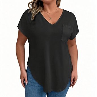 Plus Size V Neck Short Sleeve Tee, Loose Curved Hem Casual Top With Chest Patch Pocket