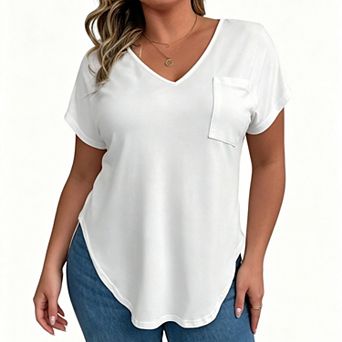 Plus Size V Neck Short Sleeve Tee, Loose Curved Hem Casual Top With Chest Patch Pocket