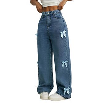 Women's High Waist Wide Leg Denim Jeans, Classic Wash Straight Pants With Decorative Bow Appliques