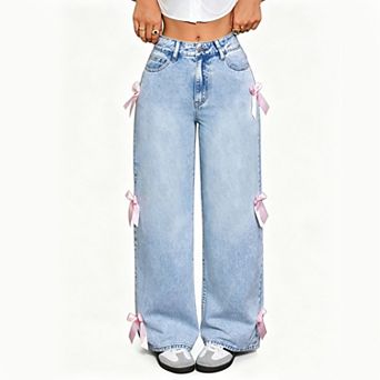 Women's High Waist Wide Leg Denim Jeans, Classic Wash Straight Pants With Decorative Bow Appliques