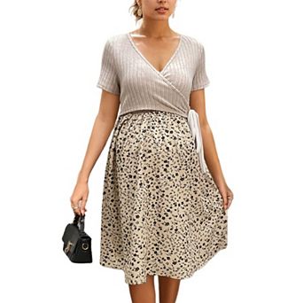 Maternity Nursing Wrap Dress, Ribbed V Neck Floral Adjustable Side Tie Knee Length Dress