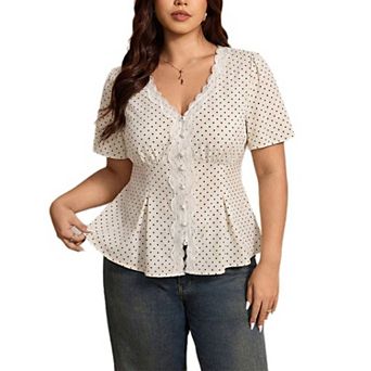 Plus Size Polka Dot Peplum Blouse, Lace Trim V Neck Short Sleeve Fitted Waist Office Shirt