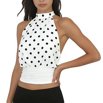 Women's Polka Dot Halter Tank Top, Tie Back Sleeveless Gathered Waist Cropped Summer Camisole