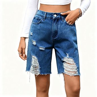 Women's Mid Rise Distressed Denim Bermuda Shorts, Frayed Hem Knee Length Jean Shorts With Ripped Det